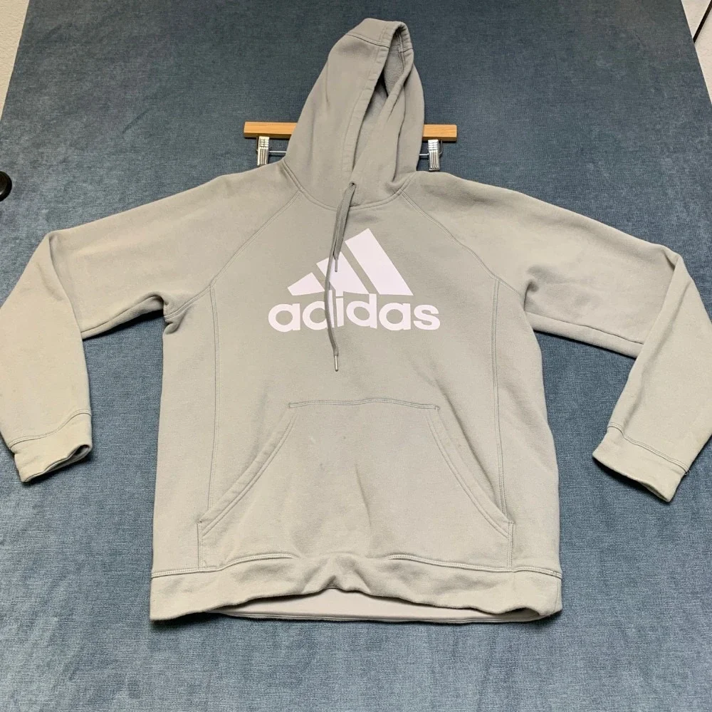 Adidas Hoodie Mens M Gray Kangaroo Pockets Drawstring Raglan Sleeve Winter Warm